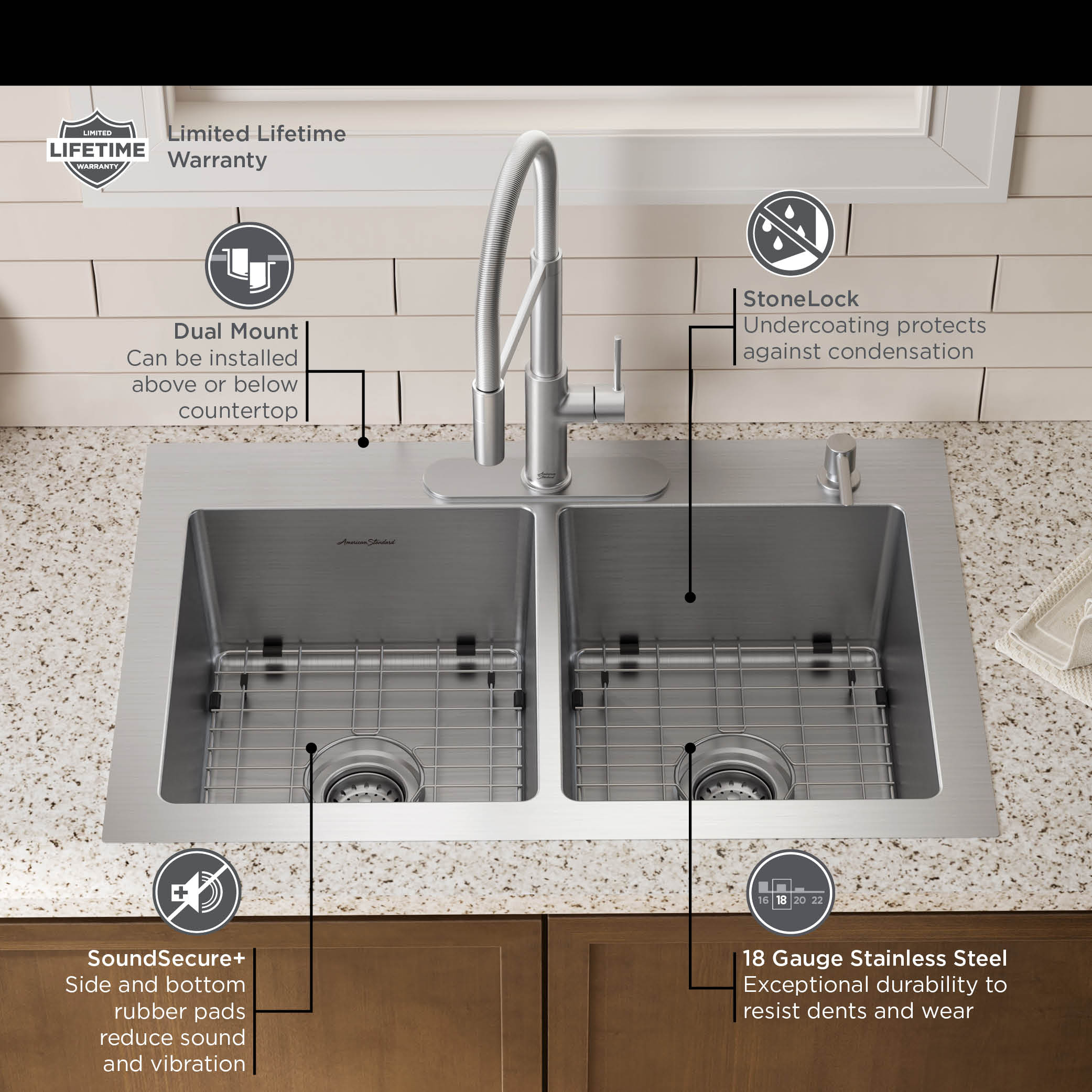 Tamarind® 33 x 22Inch Stainless Steel DoubleBowl 1Hole Kitchen Sink and Faucet